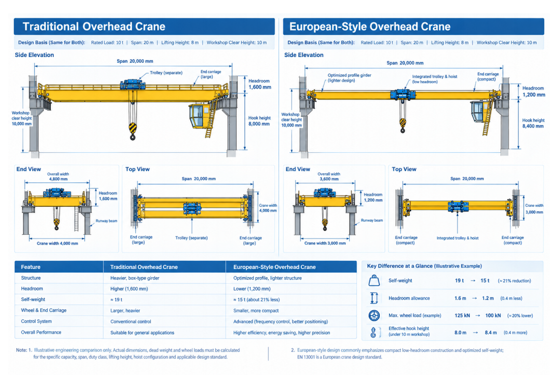 Drawing for Comparison between Traditional and European-style Overhead Cranes